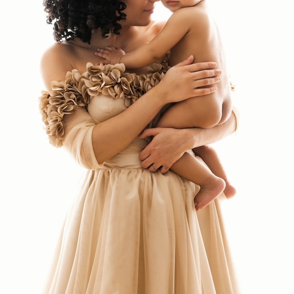 Champagne off the shoulder ruffle tulle gown - Picture 3 of 5